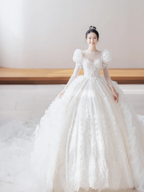 Timeless Ball Gown Tulle Lace Applique Long Sleeves With Veil Long Wedding Dresses C4197