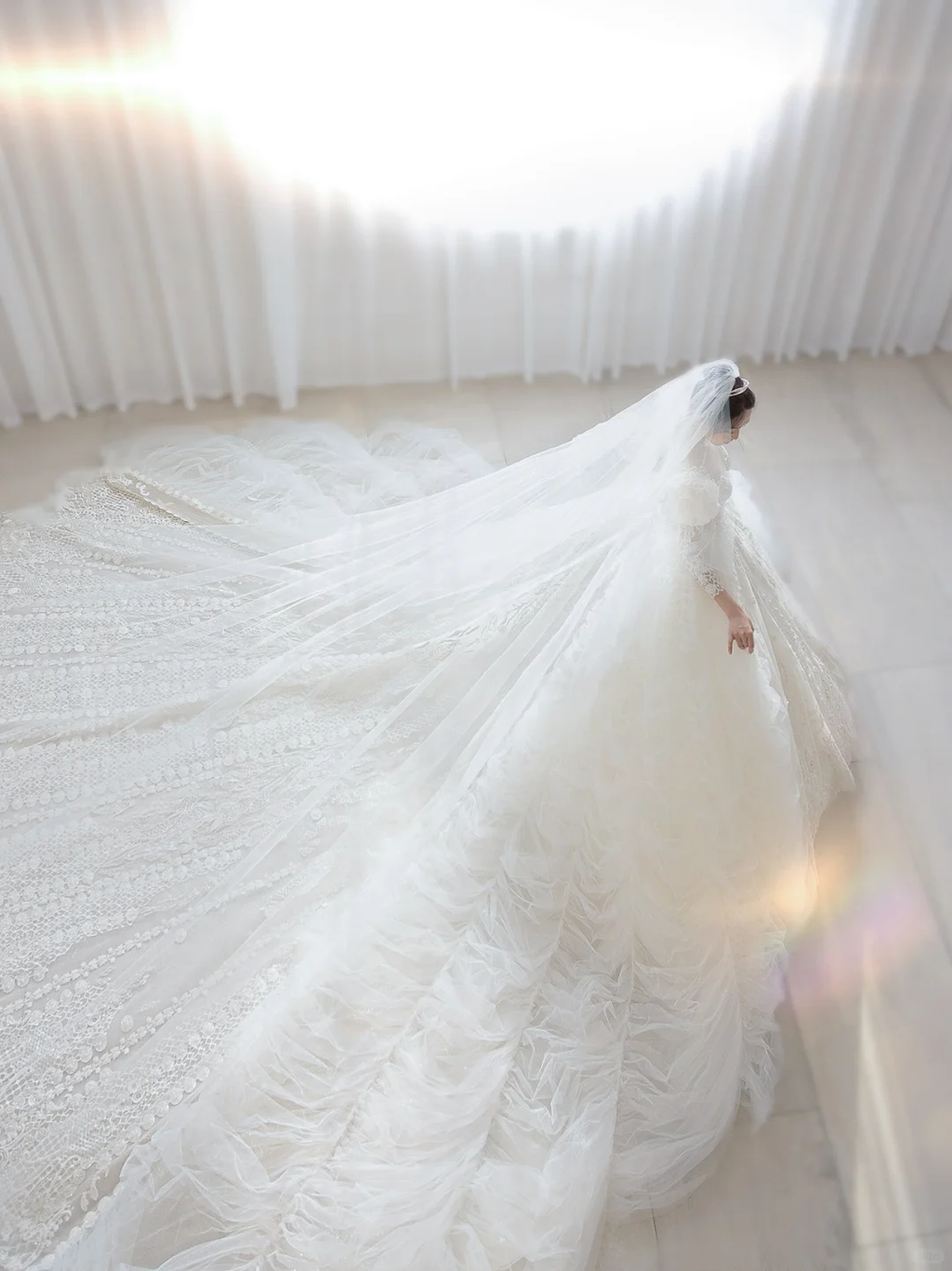 Timeless Ball Gown Tulle Lace Applique Long Sleeves With Veil Long Wedding Dresses C4197