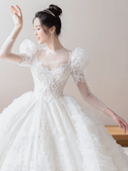 Timeless Ball Gown Tulle Lace Applique Long Sleeves With Veil Long Wedding Dresses C4197