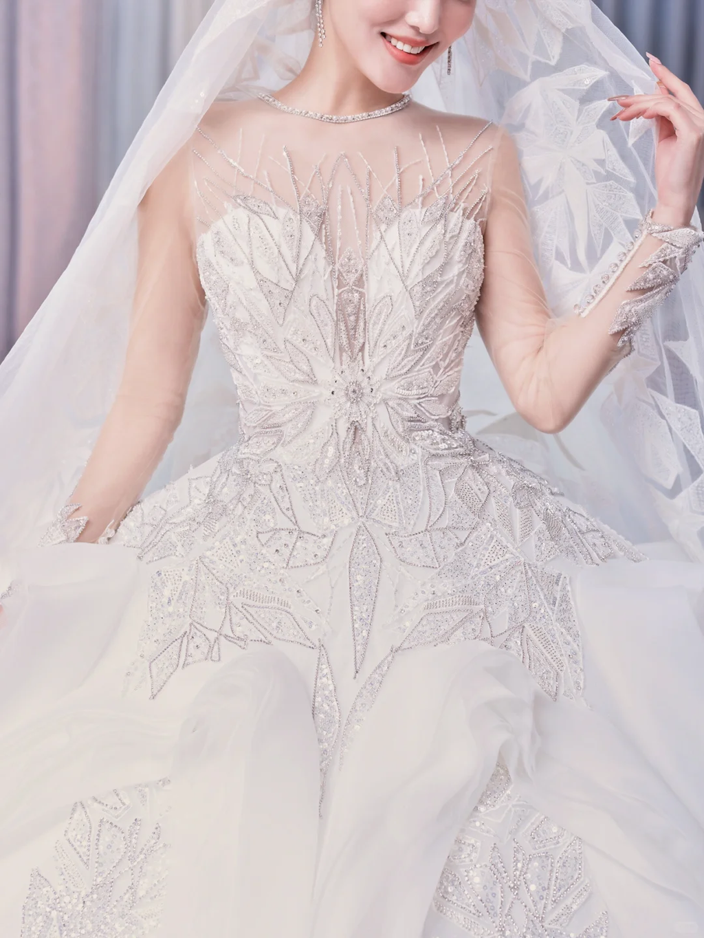 Timeless  Ball Gown Tulle Lace Long Sleeves With Veil Long Wedding Dresses C4211