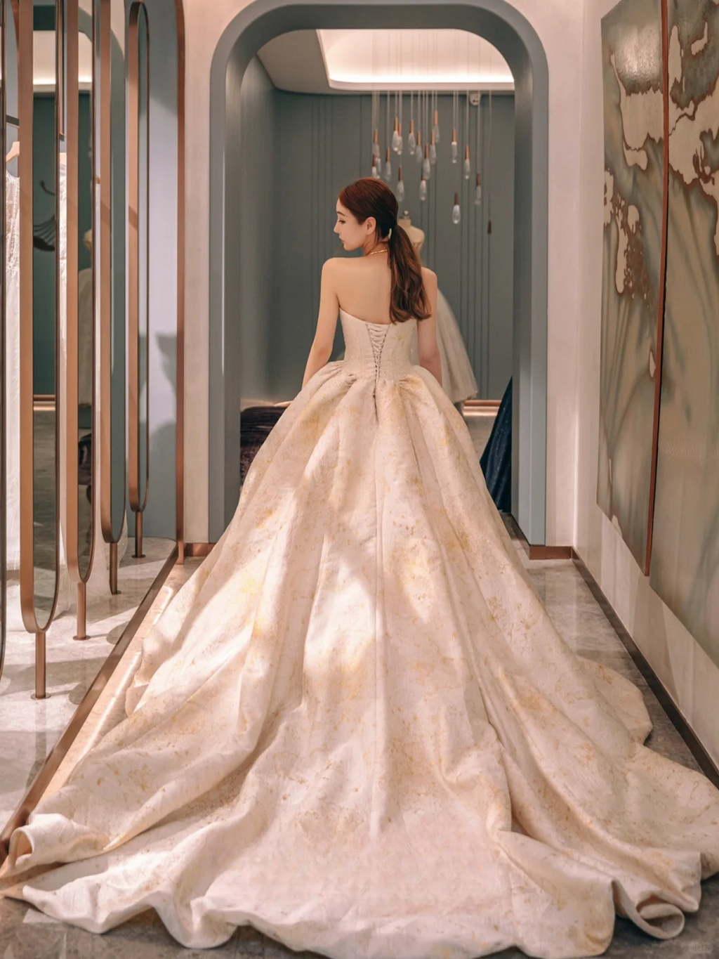 Dreamy Ball Gown Strapless Satin Beaded Long Wedding Dresses C4228