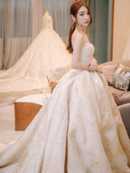 Dreamy Ball Gown Strapless Satin Beaded Long Wedding Dresses C4228