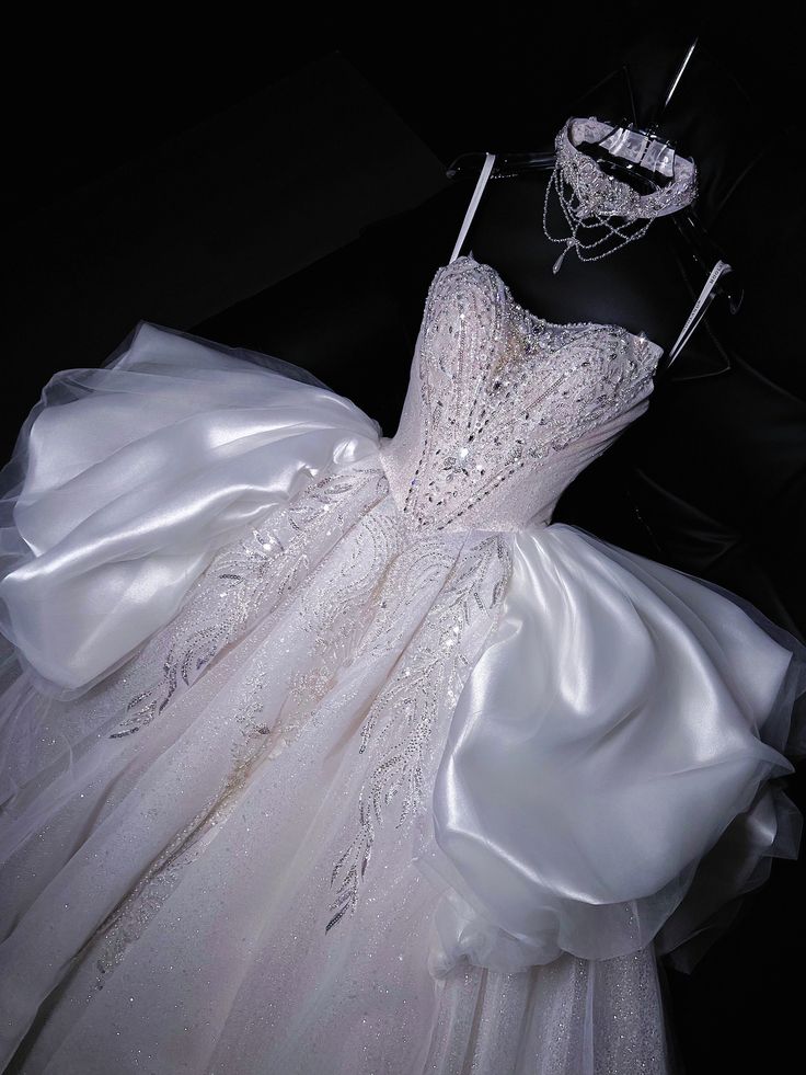 Dreamy Ball Gown Spaghetti Straps Satin Tulle Sequin Long Wedding Dresses C4246