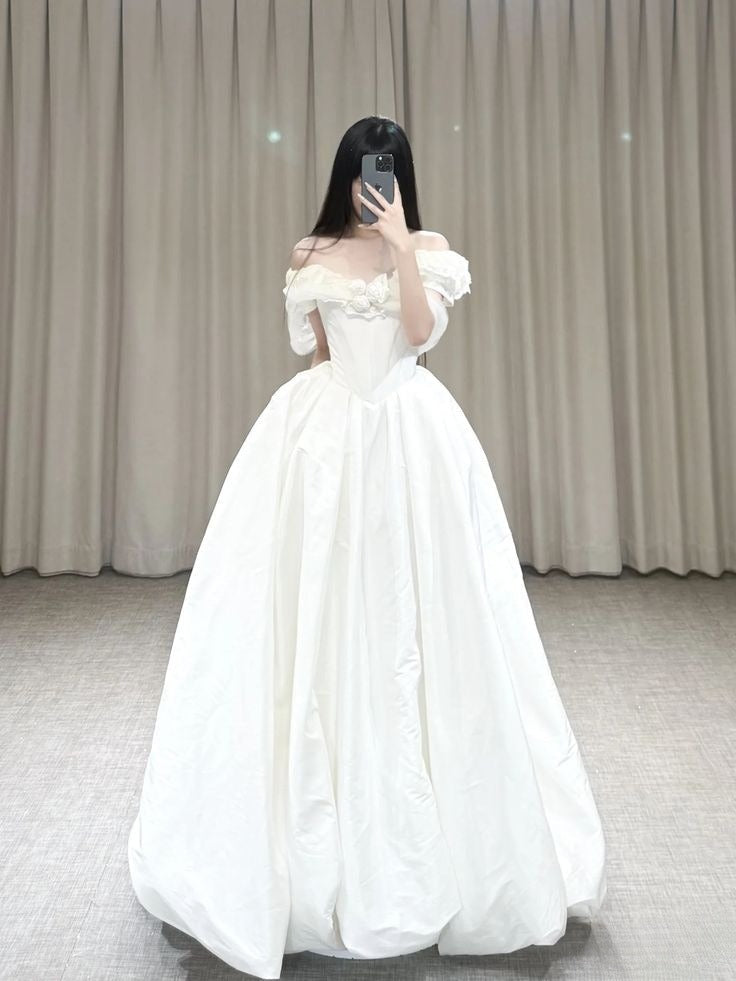 Elegant Ball Gown Off The Shoulder Satin Long Wedding Dresses C4255