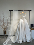 Classy Ball Gown Spaghetti Straps Satin Applique With Veil Long Wedding Dresses C4276