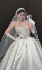 Stunning Ball Gown Strapless Satin Beaded With Gloves Veil Long Wedding Dresses C4353