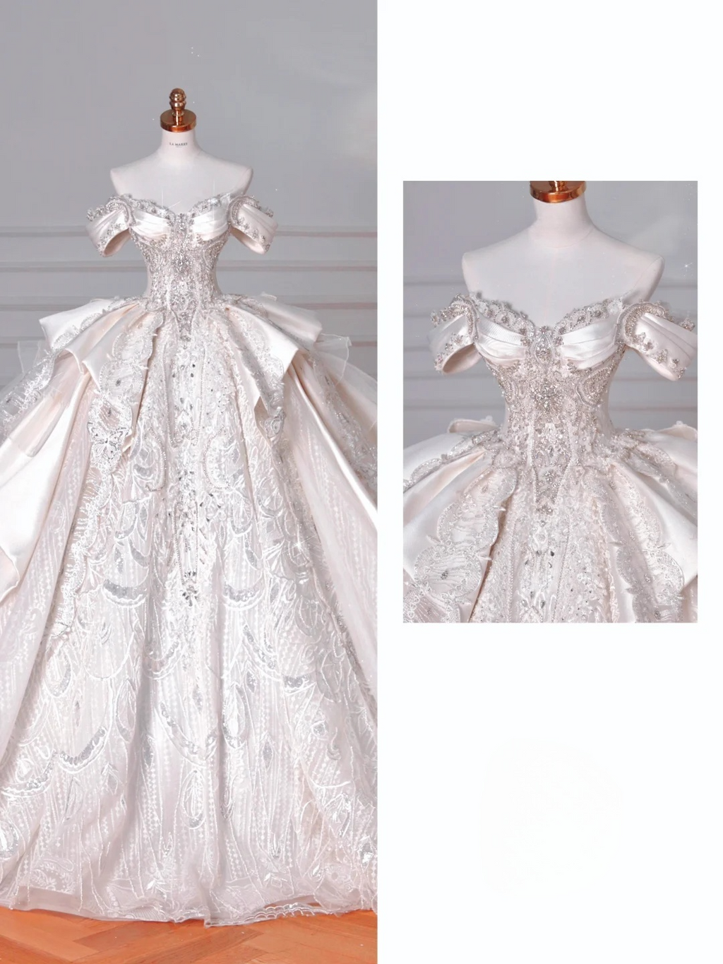 Timeless Ball Gown Off The Shoulder Satin Tulle Lace Sequin Beads Long Wedding Dresses C4388