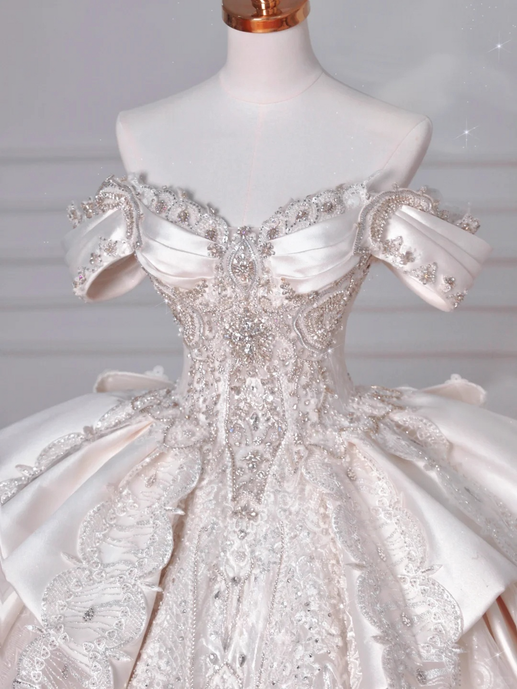 Timeless Ball Gown Off The Shoulder Satin Tulle Lace Sequin Beads Long Wedding Dresses C4388