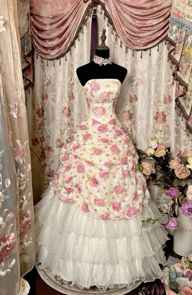Dreamy Ball Gown Strapless Satin Tulle Flower Long Prom Dresses Formal Dress C4888