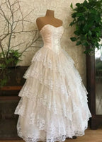 Classy Ball Gown Strapless Satin Lace Tiered Long Prom Dresses Formal Dress C4891