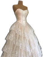 Classy Ball Gown Strapless Satin Lace Tiered Long Prom Dresses Formal Dress C4891