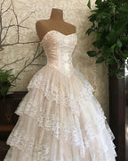 Classy Ball Gown Strapless Satin Lace Tiered Long Prom Dresses Formal Dress C4891