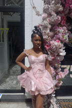 Sweet 20th Pink Ball Gown Off The Shoulder Satin Lace Short Homecoming Dress Birthday Outfits C4930