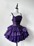 Dark Purple Ball Gown Spaghetti Straps Satin Tiered Mini Short Homecoming Dress 18th Birthday Outfits C5248