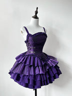 Dark Purple Ball Gown Spaghetti Straps Satin Tiered Mini Short Homecoming Dress 18th Birthday Outfits C5248