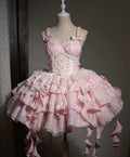 Cute Pink Ball Gown Spaghetti Straps Satin Ruffle Lace Short Homecoming Dress 17th Birthday Outfits C5732