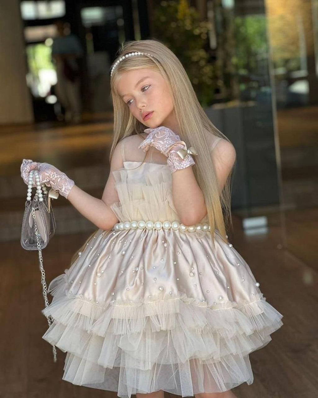 Princess Ball Gown Satin Tulle Beaded With Gloves Flower Girl Dress C6035