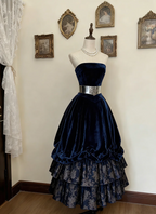 Chic Ball Gown Strapless Velvet Long Prom Dress, Evening Dress C6167