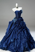 Vintage Ball Gown Strapless Navy Blue Satin Long Prom Dress, Evening Dress C6208