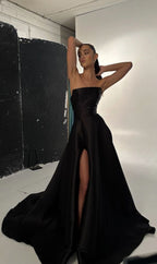 Elegant A Line Black Strapless Satin Slit Long Prom Dress, Evening Gown C6217