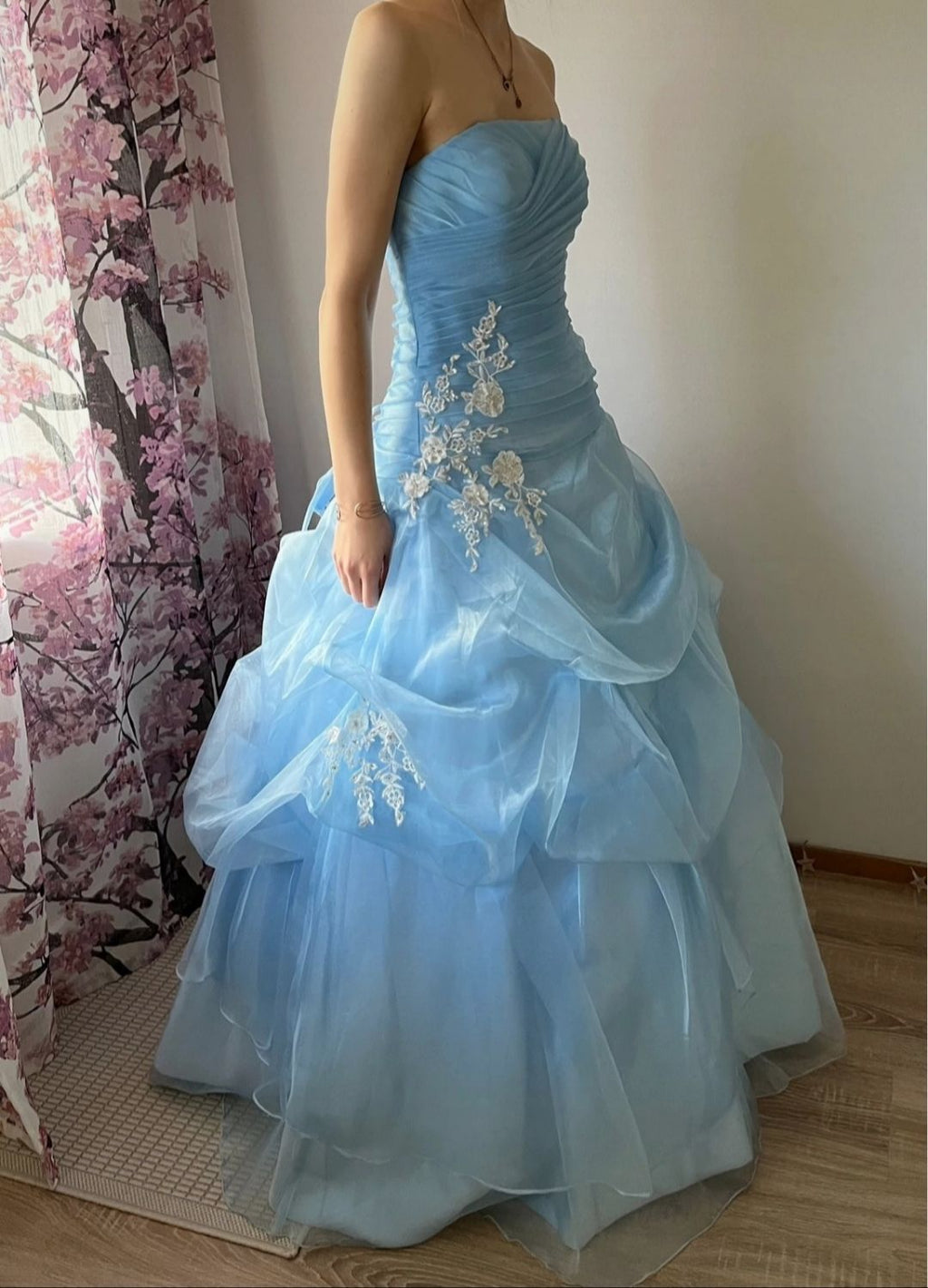Pale Blue Ball Gown Strapless Satin Tulle Applique Without Sleeves Long Prom Dress, Evening Dress C6461