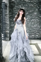 Gorgeous Ball Gown One Shoulder Chiffon Ruffles Sequin Without Sleeves Long Prom Dress, Evening Dress C6524
