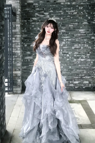 Gorgeous Ball Gown One Shoulder Chiffon Ruffles Sequin Without Sleeves Long Prom Dress, Evening Dress C6524