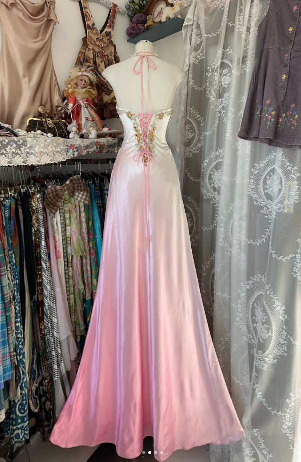 Pretty Ombre Pink Halter Satin Beaded Mermaid Long Birthday Party Dress Evening Gown
