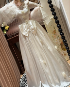 Charming Beaded Bow Satin Ball Gown White Long Wedding Dress