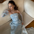 Classy Strapless Light Blue Satin Tulle Beaded Mermaid Prom Dress Long Party Gown