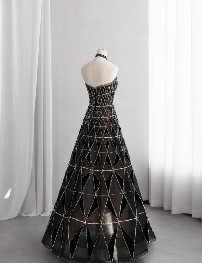 Gorgeous Black Tulle Sequin Beaded Long Birthday Party Dress Strapless Prom Dress SP1517