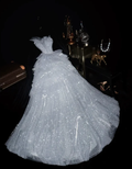 Glitter Strapless Silver Sequin Tulle Layered Mermaid Long Birthday Party Dress Prom Dresses SP1413