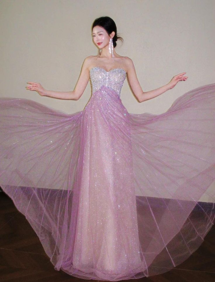 Glitter Strapless Pink Tulle Sequin A Line Long Party Dress Evening Gown