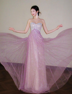 Glitter Strapless Pink Tulle Sequin A Line Long Party Dress Evening Gown