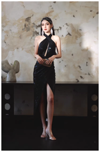 Sexy Black Halter High Slit Sheath Long Evening Dress Backless Prom Gowns
