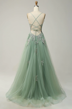 A Line Spaghetti Straps Dark Green Long Prom Dress with Criss Cross Back Y2003