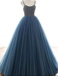 Vintage Navy Blue Spaghetti Straps Tulle Beaded Long Evening Dress Prom Gown SP33