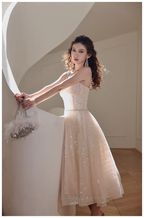 Elegant Light Champagne Tulle Sequin Beaded A Line Mid Length Birthday Prom Dress Evening Gown