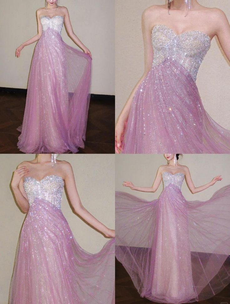 Glitter Strapless Pink Tulle Sequin A Line Long Party Dress Evening Gown