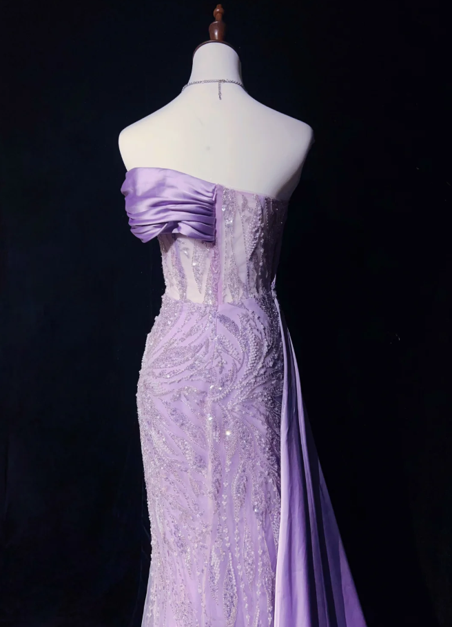 Glamorous  Strapless Lavender Tulle Satin Beaded Slit Mermaid Evening Dress Long Birthday Prom Gowns SP1965