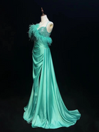 Elegant Green Satin Beaded Mermaid Long Party Dress Prom Gown With Feathers SP1819