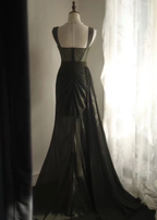 Vintage Green Satin Beaded Slit Mermaid Long Wedding Guest Dress Evening Dress SP1237