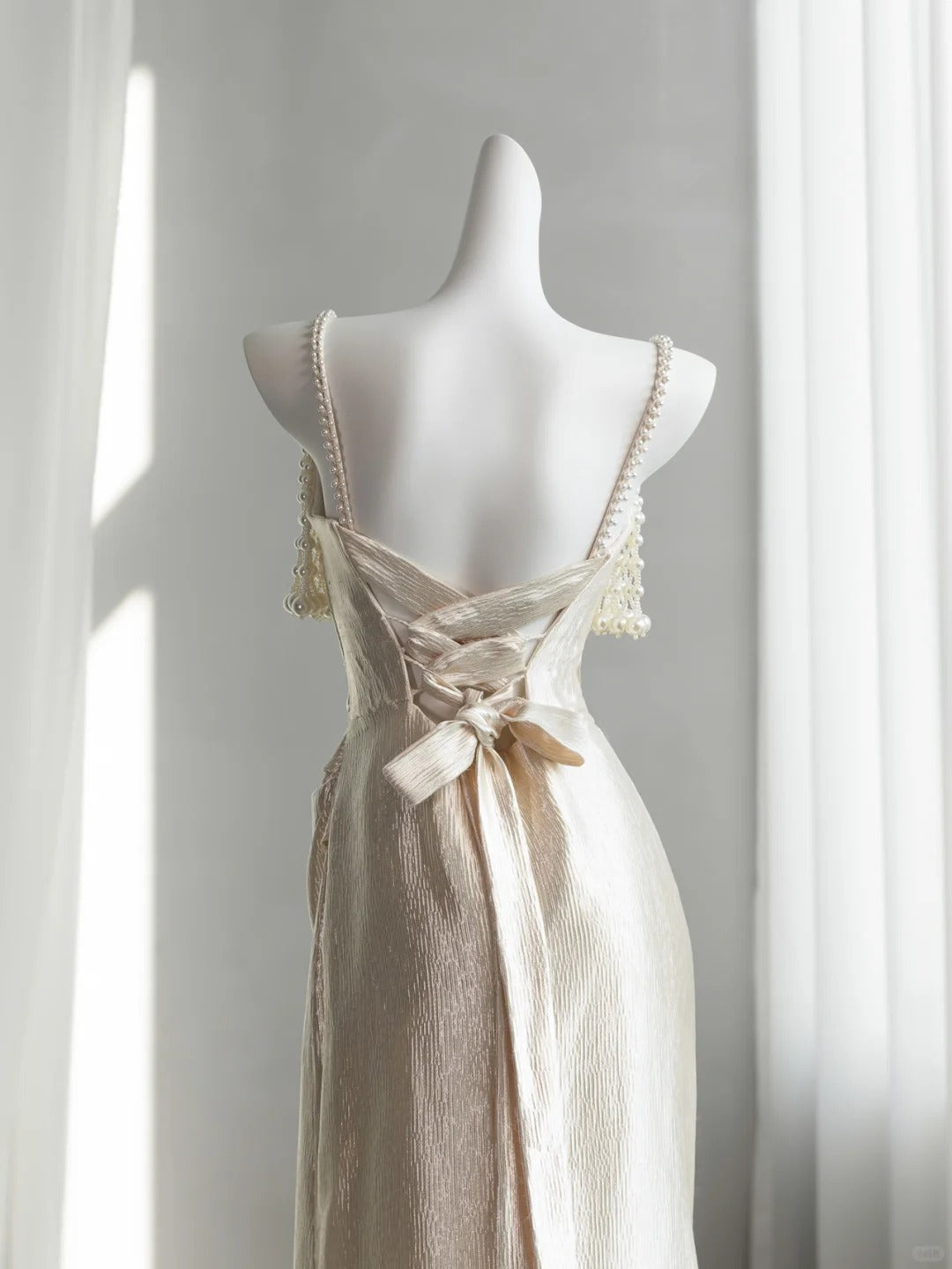 Timeless Ivory Satin Prom Dress Spaghetti Straps Pearls Sheath Evening Dress CY0004