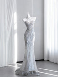 Ethereal Strapless Light Blue Prom Dress Beading Sequins Mermaid Evening Dress CY0008