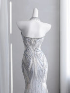 Ethereal Strapless Light Blue Prom Dress Beading Sequins Mermaid Evening Dress CY0008
