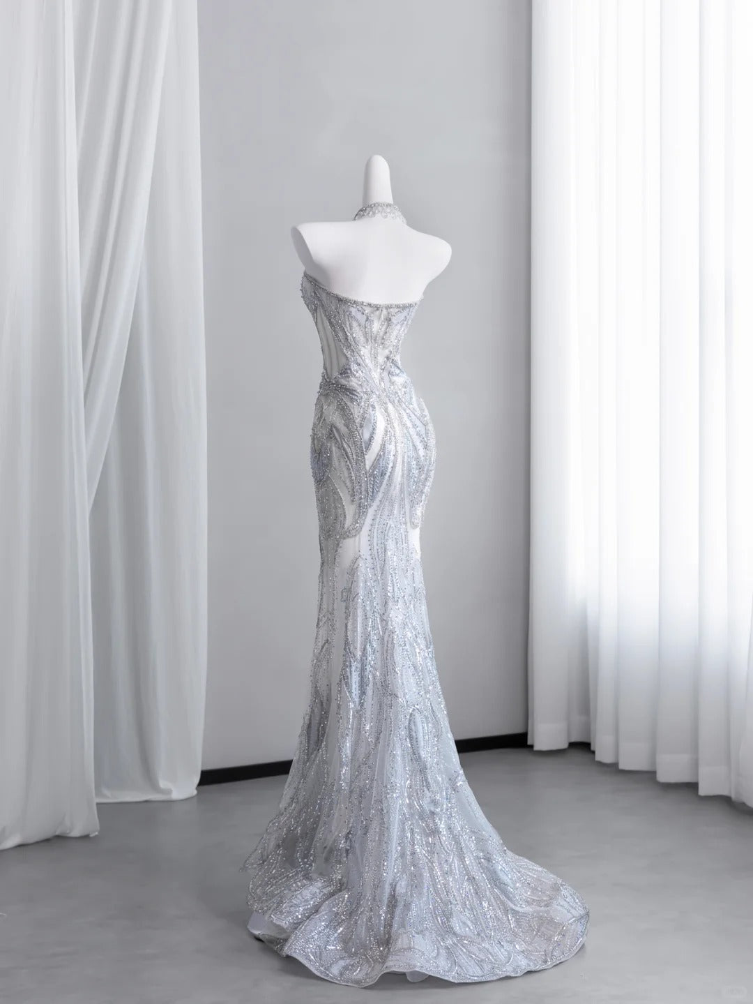 Ethereal Strapless Light Blue Prom Dress Beading Sequins Mermaid Evening Dress CY0008