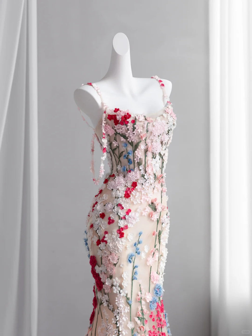 Dopamine Style Floral Pink Prom Dress Appliques Spaghetti Straps Mermaid Evening Dress CY0009