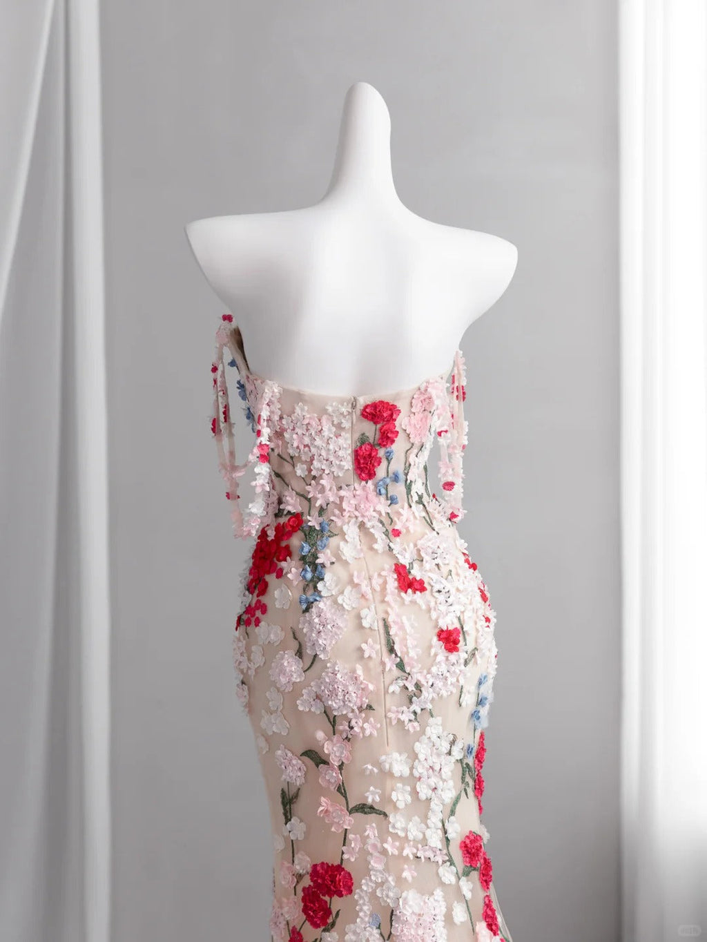 Dopamine Style Floral Pink Prom Dress Appliques Spaghetti Straps Mermaid Evening Dress CY0009
