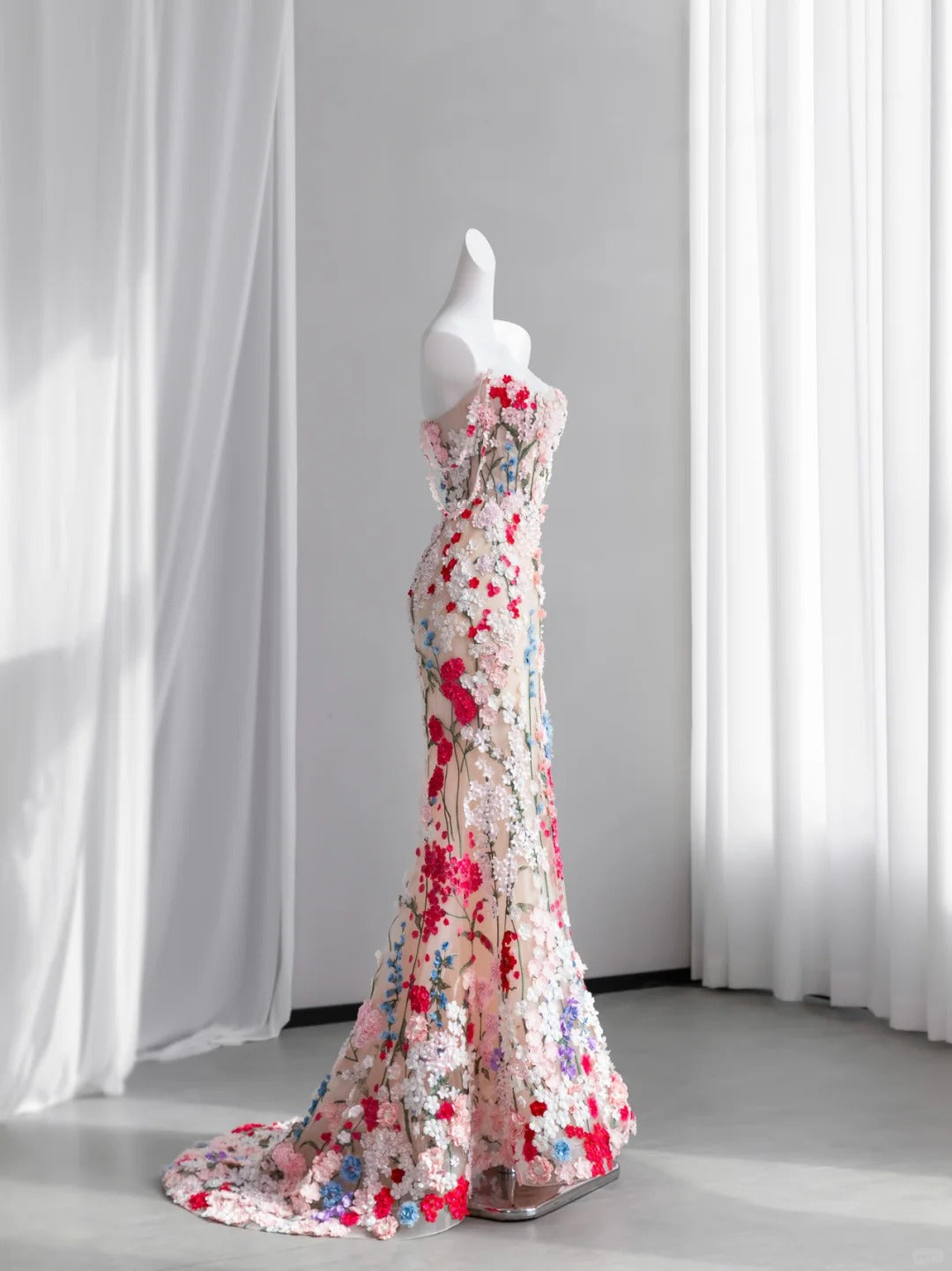 Dopamine Style Floral Pink Prom Dress Appliques Spaghetti Straps Mermaid Evening Dress CY0009