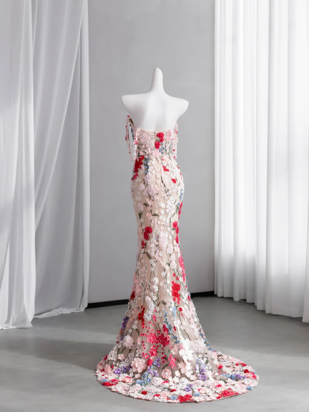Dopamine Style Floral Pink Prom Dress Appliques Spaghetti Straps Mermaid Evening Dress CY0009
